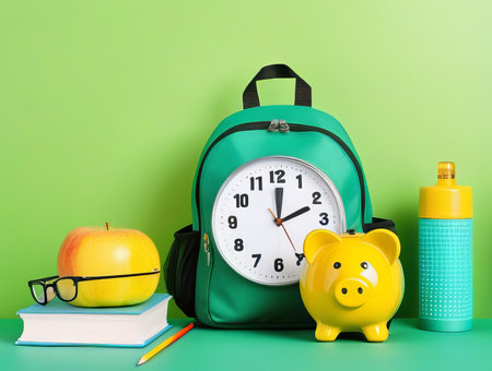 School backpack with alarm clock and stationery on table on green backgroundの素材