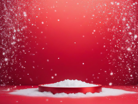 Christmas background with red podium and falling snowflakes, 3d renderの素材