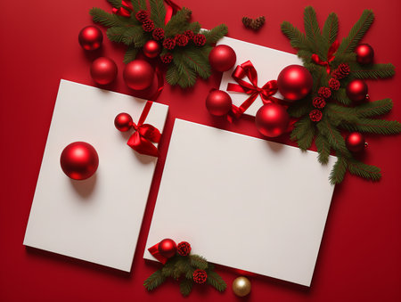 Christmas greeting card mockup with red baubles on red backgroundの素材