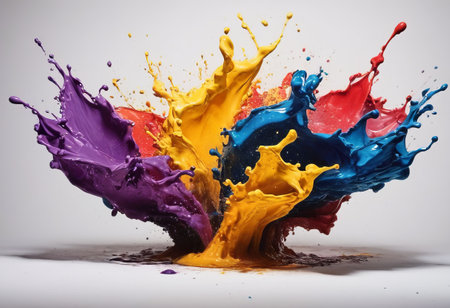 Colored splashes of paint isolated on white background. Studio shot.の素材