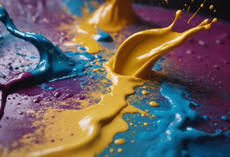 Colorful paint splashes on a colorful background. Close-upの素材