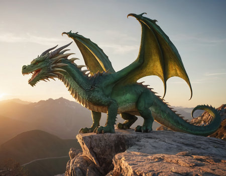 Dragon statue on the top of the mountain at sunset. 3d renderingの素材