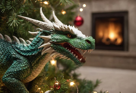 Beautiful green dragon on the background of a Christmas tree and a fireplaceの素材