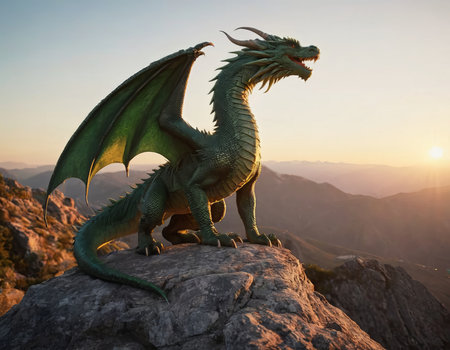 Dragon on a rock in the mountains at sunset. 3d renderの素材