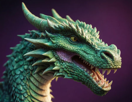 close up of a green dragon head with sharp teeth on purple backgroundの素材