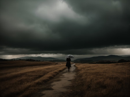 Woman with umbrella walking on a dirt road with stormy sky.の素材