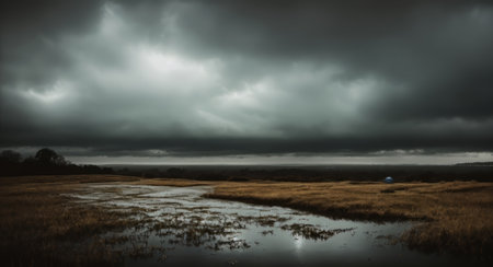 Panoramic view of a meadow in the evening with dark cloudsの素材