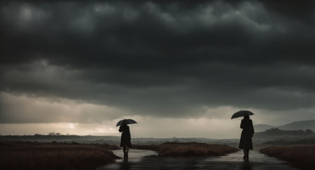 Silhouette of a woman with umbrella walking in the river.の素材