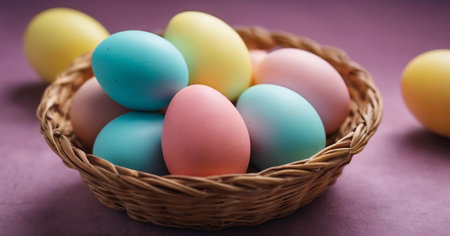 Colorful easter eggs in a basket on a purple background.の素材