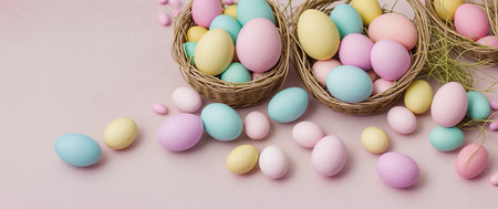 Colorful easter eggs in basket on pastel pink background.の素材
