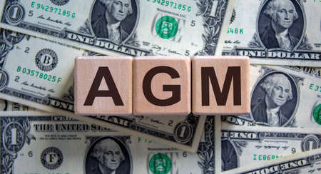 Wood cubes with acronym 'AGM' - 'annual general meeting' on a beautiful background from dollar bills. Business concept, copy space.の写真素材