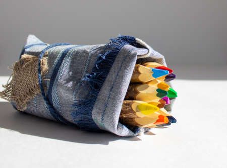 Bunch of pencils stylized tree branch. isolated on the white background. Warm sunlight.の写真素材