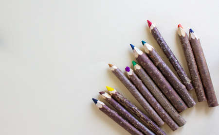 Wooden pencil on white background. Bunch of pencils stylized tree branch.の写真素材