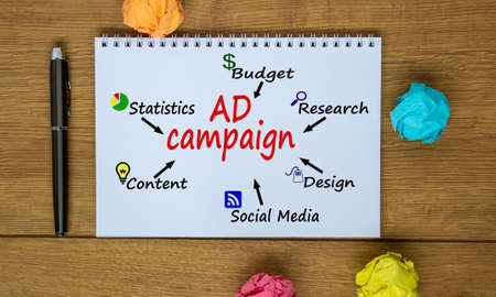 Notebook, Pen and Notes about Ad Campaign. Colored paper. Business concept.の写真素材