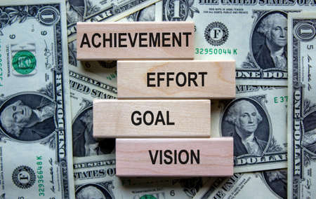 Wooden blocks form the words 'vision, goal, efort, achievement' on beautiful background from dollar bills. Business concept. Copy space.の写真素材