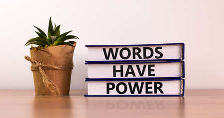 Books with text 'words have power' on beautiful wooden table. House plant. White background. Business concept.の写真素材