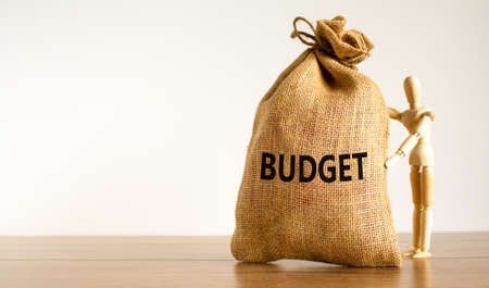 Wooden model of a human near large canvas bag with word 'budget'. Beautiful wooden table, white...