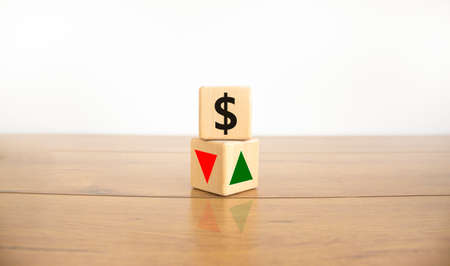 Wooden cubes changes the direction of an arrow symbolizing that the dollar interest rates are going down or vice versa. Business, dollar interest rate concept. Copy space, beautiful white background.の写真素材