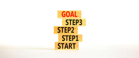Strat, step and goal symbol. Concept words Start step 1 2 3 goal on wooden blocks on a beautiful white table white background. Copy space. Business start step 1 2 3 to goal concept.の写真素材