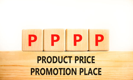 PPPP product price promotion place symbol. Concept words PPPP product price promotion place on wooden blocks on beautiful white background. Business and PPPP product price promotion place concept.の写真素材