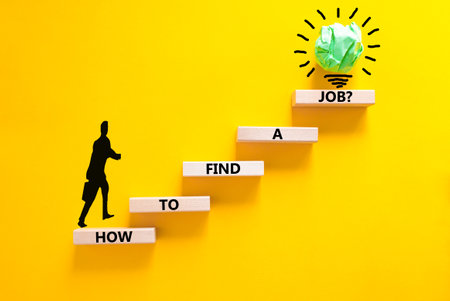 How to find a job symbol. Concept words How to find a job on wooden blocks on a beautiful yellow table yellow background. Businessman icon. Business and how to find a job concept. Copy space.の写真素材
