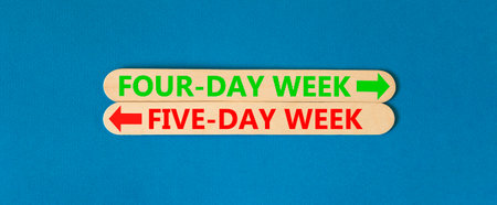 5 or 4 day week symbol. Concept word Five-day week or Four-day week on beautiful wooden stick....