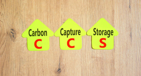 CCS Carbon capture storage symbol. Concept words CCS Carbon capture storage on beautiful yellow paper. Beautiful wooden background. Business ecological Carbon capture storage concept. Copy space.の写真素材