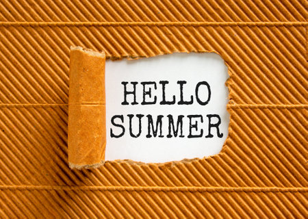 Hello summer symbol. Concept words Hello summer on beautiful white paper. Beautiful brown paper background. Business lifestyle Hello summer concept. Copy space.の写真素材