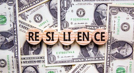 Resilience symbol. Concept word Resilience on beautiful wooden circles. Dollar bills. Beautiful background from dollar bills. Business resilience concept. Copy space.の写真素材
