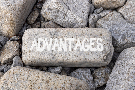 Advantages symbol. Concept word Advantages on beautiful gray volcanic stone. Beautiful gray volcanic stones background. Business advantages concept. Copy space.の写真素材