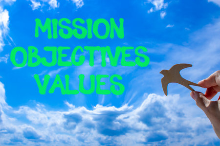 Mission values objectives symbol. Concept words Mission Objectives Values on beautiful blue sky....