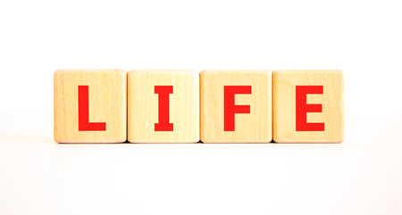 Life symbol. Concept word Life on beautiful wooden blocks. Beautiful white table white background. Business, lifestyle, support and life concept. Copy space.の写真素材