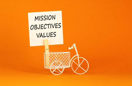 Mission values objectives symbol. Concept words Mission Objectives Values on beautiful white paper...