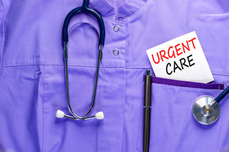 Urgent care symbol. Concept words Urgent care on beautiful white card. Stethoscope and pen. Beautiful medical uniform. Medical healthy lifestyle urgent care concept.の写真素材
