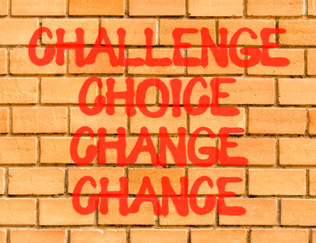 Challenge choice change chance symbol. Concept words Challenge choice change chance on beautiful brick wall. Beautiful brick wall background. Business Challenge choice change chance concept Copy spaceの写真素材