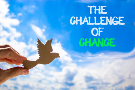 The challenge of chance symbol. Concept words phrase The challenge of chance on beautiful sky. Businessman's hand. Beautiful blue sky background. Business The challenge of chance concept. Copy space.の写真素材