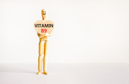 Vitamin B9 folic acid symbol. Concept words Vitamin B9 on beautiful wooden heart. Doctor's model. Beautiful white background. Copy space. Medical healthy lifestyle Vitamin B9 concept.の写真素材