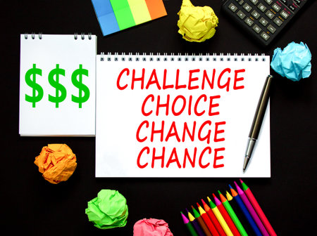 Challenge choice change chance symbol. Concept words Challenge choice change chance on beautiful white note. Beautiful black background. Business Challenge choice change chance concept. Copy space.の写真素材