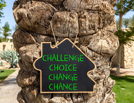 Challenge choice change chance symbol. Concept words Challenge choice change chance on beautiful blackboard. Beautiful palm tree background. Business Challenge choice change chance concept. Copy spaceの写真素材