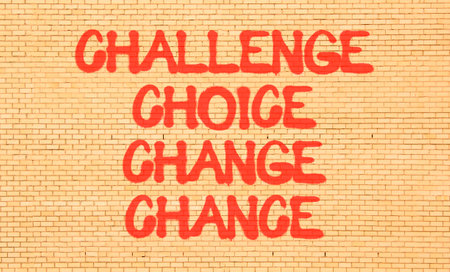 Challenge choice change chance symbol. Concept words Challenge choice change chance on beautiful brick wall. Beautiful brick wall background. Business Challenge choice change chance concept Copy spaceの写真素材