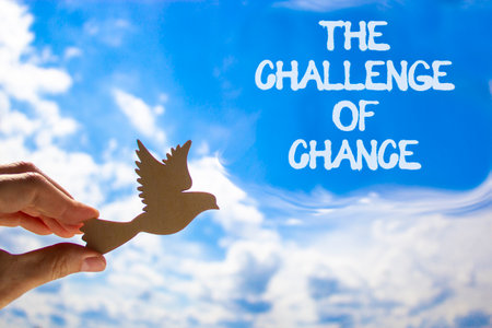 The challenge of chance symbol. Concept words phrase The challenge of chance on beautiful sky. Businessman's hand. Beautiful blue sky background. Business The challenge of chance concept. Copy space.の写真素材