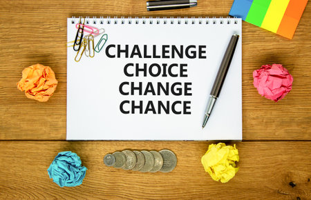 Challenge choice change chance symbol. Concept words Challenge choice change chance on beautiful white note. Beautiful wooden background. Business Challenge choice change chance concept. Copy space.の写真素材
