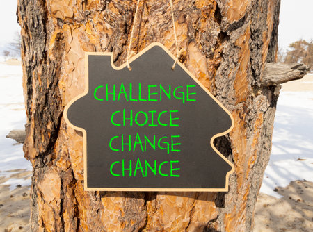 Challenge choice change chance symbol. Concept words Challenge choice change chance on beautiful blackboard. Beautiful tree background. Business Challenge choice change chance concept. Copy space.の写真素材