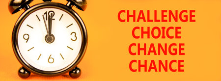 Challenge choice change chance symbol. Concept words Challenge choice change chance on beautiful orange paper. Beautiful orange background. Business Challenge choice change chance concept. Copy space.の写真素材