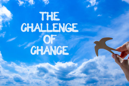 The challenge of chance symbol. Concept words phrase The challenge of chance on beautiful sky. Businessman's hand. Beautiful blue sky background. Business The challenge of chance concept. Copy space.の写真素材