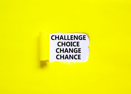 Challenge choice change chance symbol. Concept words Challenge choice change chance on beautiful white paper. Beautiful yellow background. Business Challenge choice change chance concept. Copy space.の写真素材