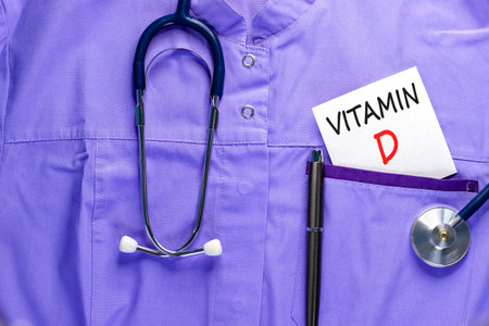 Vitamin D symbol. Concept words Vitamin D on beautiful white card. Stethoscope and pen. Beautiful medical uniform. Medical healthy lifestyle Vitamin D concept.の写真素材