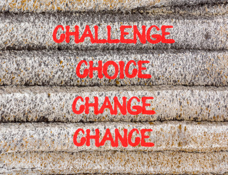 Challenge choice change chance symbol. Concept words Challenge choice change chance on beautiful gray stone. Beautiful stone background. Business Challenge choice change chance concept. Copy space.の写真素材