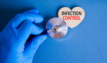 Infection control symbol. Concept words Infection control on beautiful wooden heart. Doctor's hand...