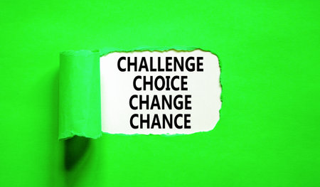 Challenge choice change chance symbol. Concept words Challenge choice change chance on beautiful white paper. Beautiful green background. Business Challenge choice change chance concept. Copy space.の写真素材